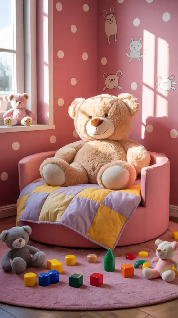 A bright pink playroom featuring a cozy bed, colorful decorations, and playful plush toys.