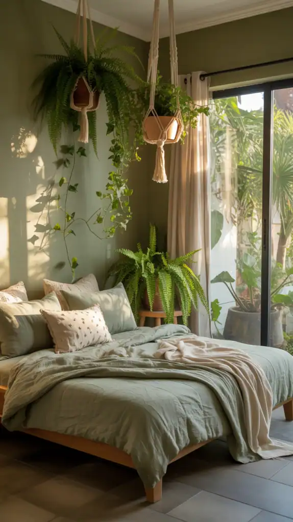 A serene green bedroom featuring a wooden bed, soft green bedding, hanging plants, and natural light.