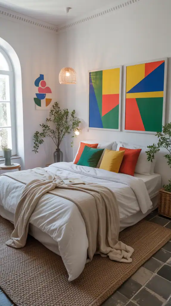 A bright bedroom with white walls, colorful cushions, and geometric artwork.