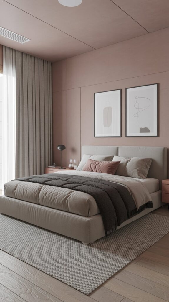 A modern minimalist bedroom featuring soft colors, light wood flooring, and simple decor.