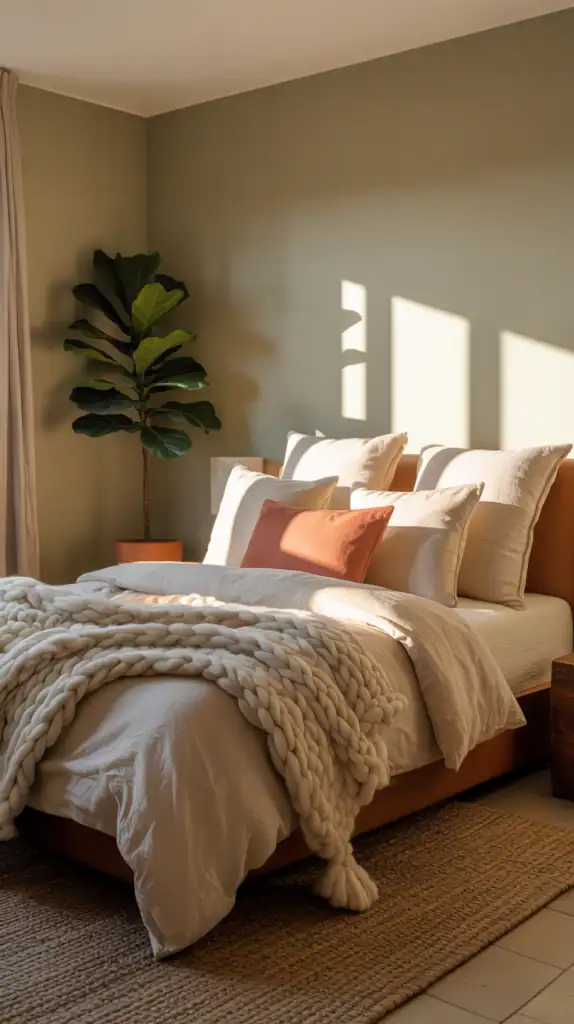 A cozy earthy bedroom with warm colors, featuring a bed with textured pillows, natural light, and wooden accents.