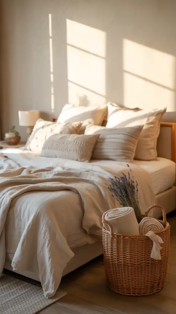 A cozy earthy bedroom featuring a bed with layered blankets and pillows in neutral tones, complemented by a woven basket.