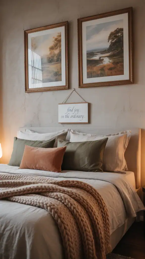 A cozy bedroom featuring earthy wall art with landscapes and a quote, complemented by soft bedding.