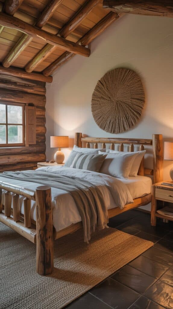 A cozy earthy bedroom featuring rustic wooden furniture, including a log bed and matching nightstands, with soft bedding and a woven rug.