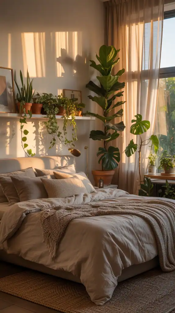 A cozy bedroom filled with various indoor plants, showcasing a warm and inviting atmosphere.