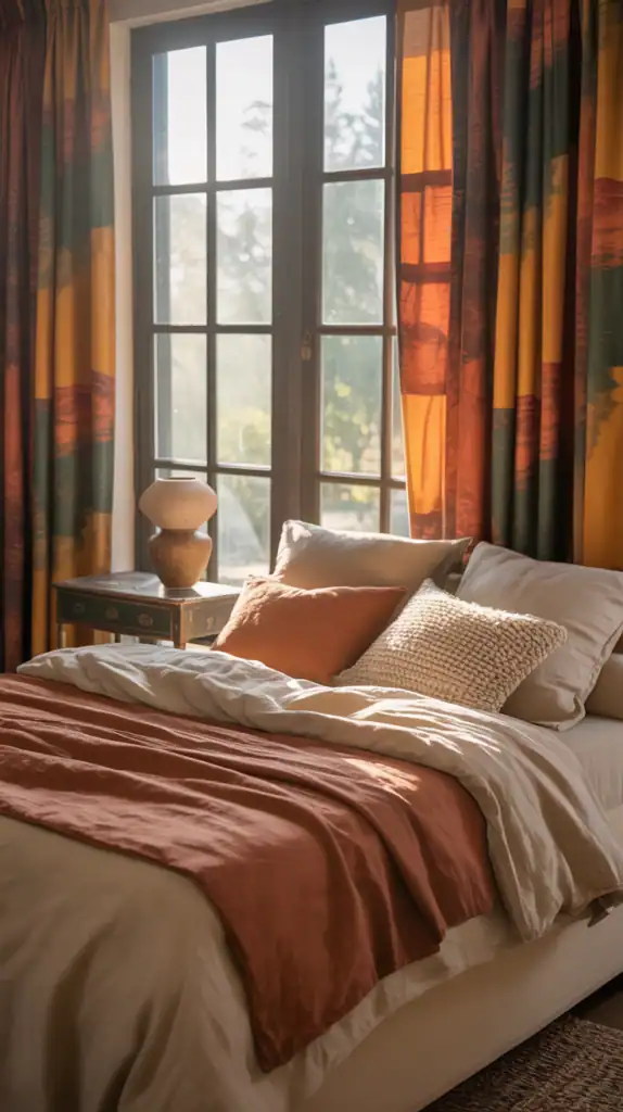 A cozy bedroom with earthy colorful curtains, a soft bed, and natural light.