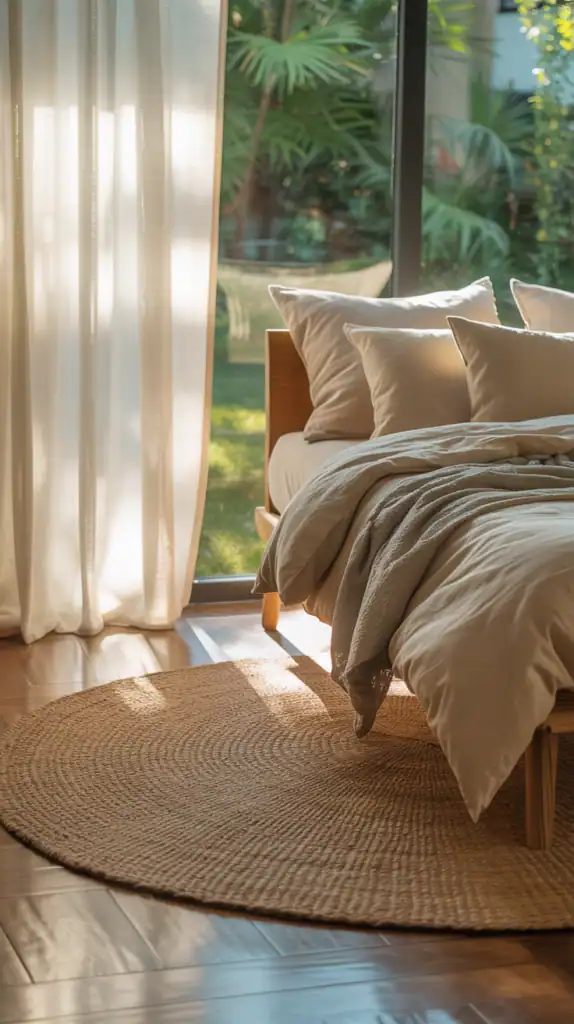 A cozy bedroom featuring a round natural fiber rug, wooden bed frame, and soft bedding.