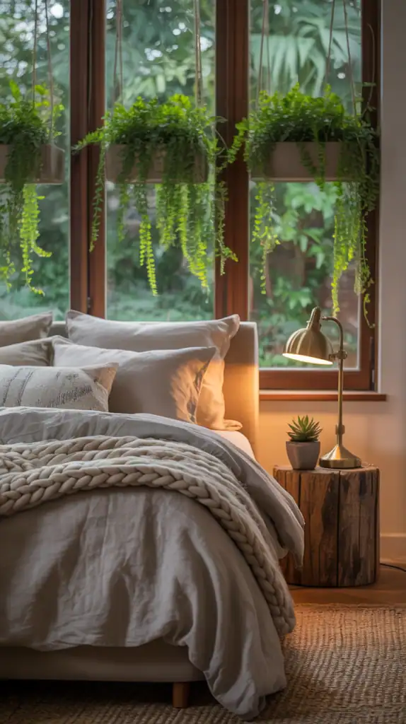 Cozy earthy bedroom with wooden decorations and plants