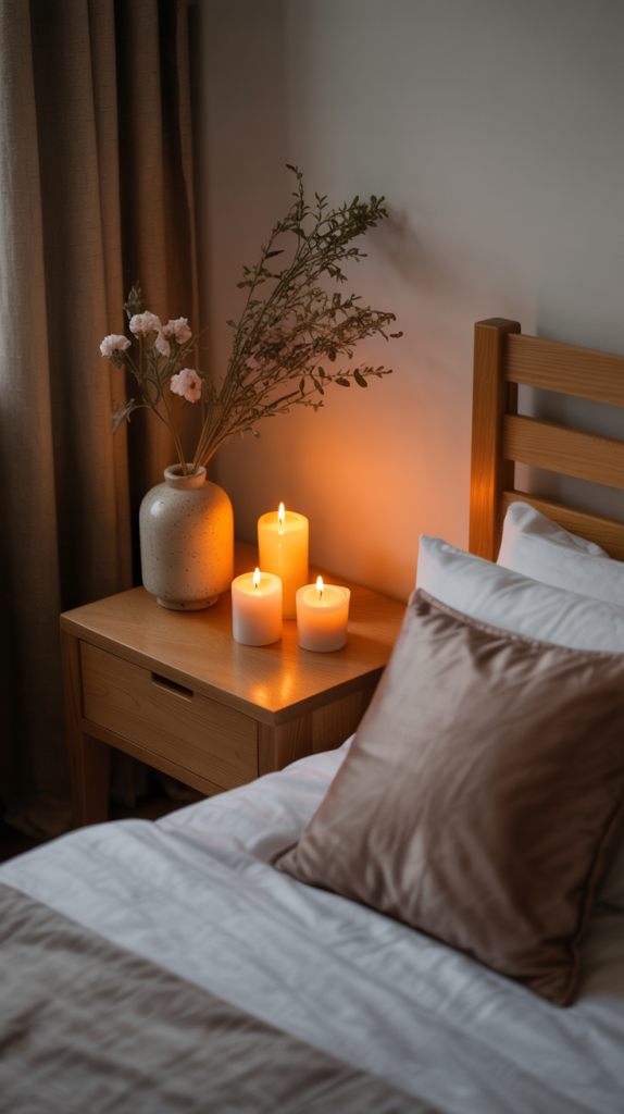 A cozy bedroom with scented candles on a bedside table, creating a warm and inviting atmosphere.