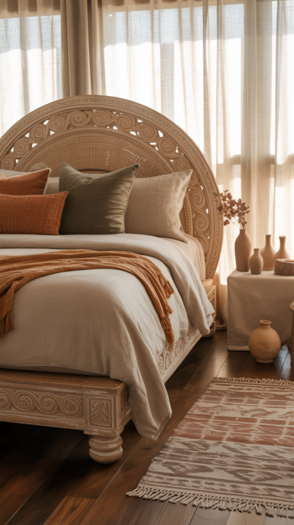 Cozy earthy bedroom with artisan crafts and handmade items