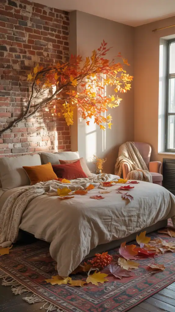 Cozy earthy bedroom with autumn decor, featuring a branch with leaves on the wall and scattered leaves on the bed.