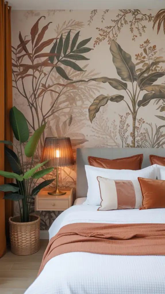 A cozy bedroom with earthy themed wallpaper featuring botanical patterns, warm tones, and plants.
