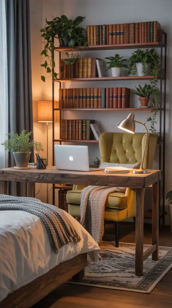 A cozy bedroom with a warm workspace featuring a wooden desk, a laptop, and a comfortable chair.