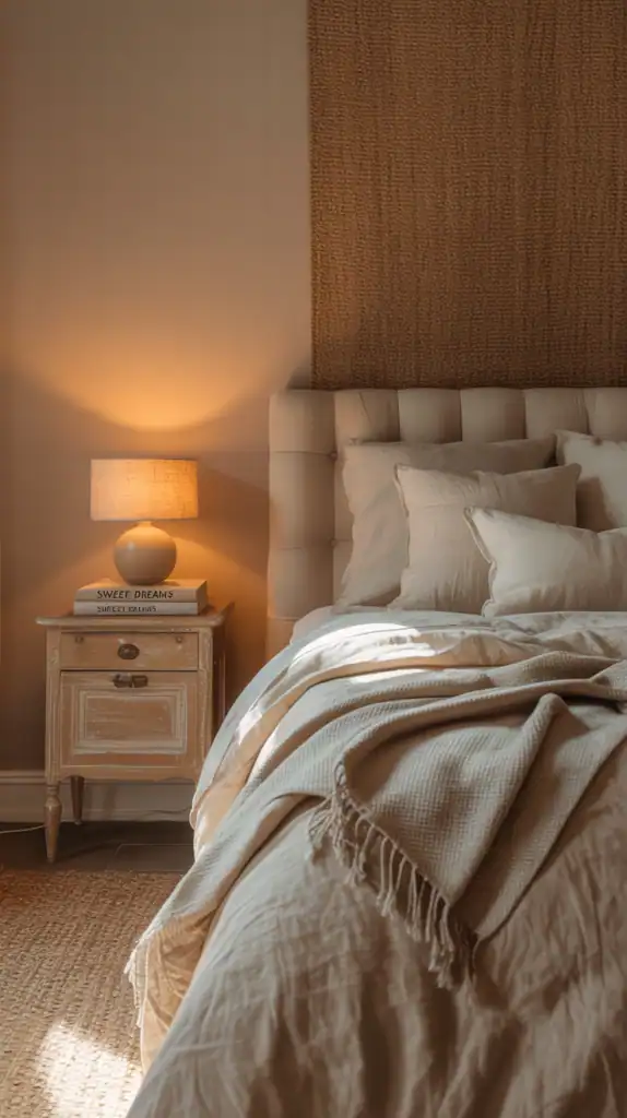 Cozy earthy bedroom with neutral tones, a comfortable bed, and warm lighting