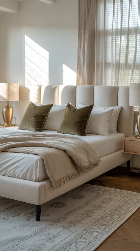 Beige upholstered bed with olive green pillows and modern accents.
