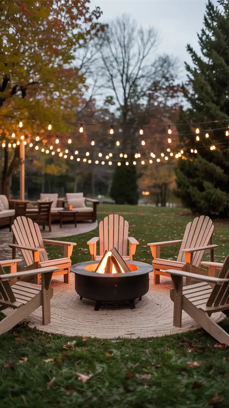 Fire pit seating with Adirondack chairs arranged in a circular layout, styled with soft blankets in warm neutral tones, creating a cozy autumn backyard setting