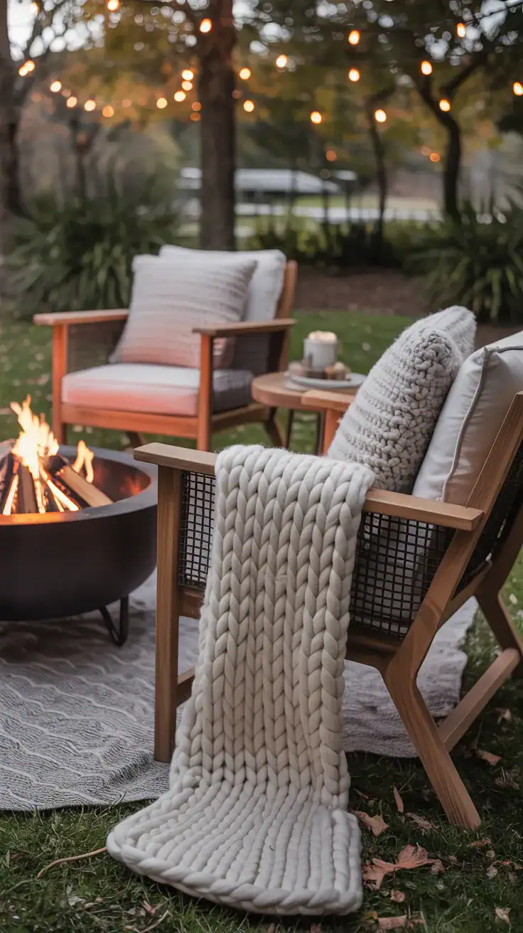 Close-up of outdoor fire pit chairs styled with chunky knit blankets and cushions in warm autumn tones, highlighting soft textures and a cozy, inviting atmosphere