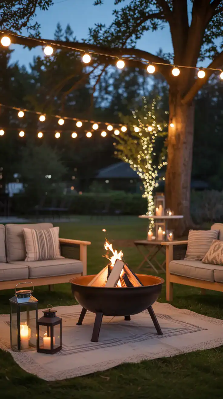 Backyard fire pit at dusk with string lights overhead, lanterns and candles creating a warm ambient glow and a cozy, inviting evening atmosphere