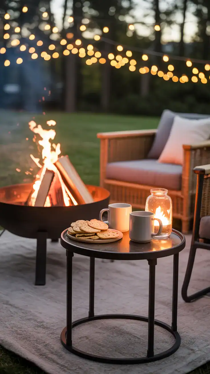 Small outdoor side table next to a fire pit holding mugs and snacks, softly lit to create a cozy autumn backyard atmosphere