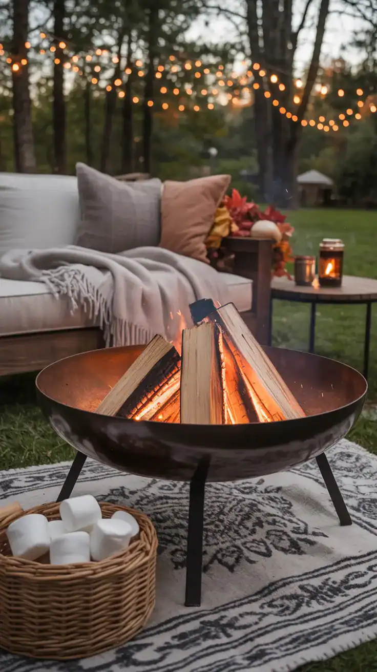 Cozy fire pit scene with blankets, a stack of firewood, marshmallows, and autumn decor, creating a warm and inviting outdoor atmosphere