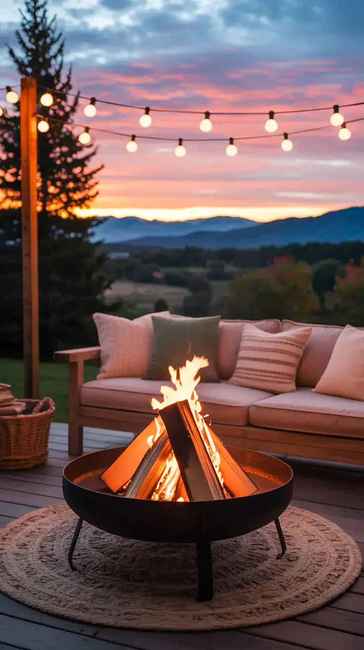 Dreamy backyard fire pit at sunset with glowing flames, string lights, and cozy seating in warm autumn tones, creating a cinematic and inviting outdoor setting