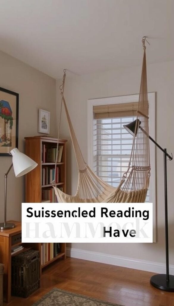 Indoor hammock reading nook with small bookshelf in cozy home library