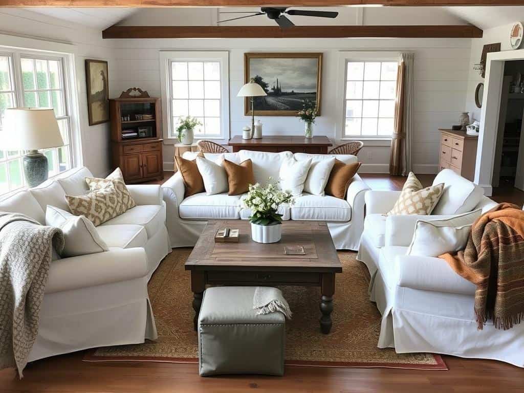 Inviting farmhouse living room with a deep slipcovered sofa, oversized chairs, and plenty of pillows and throws