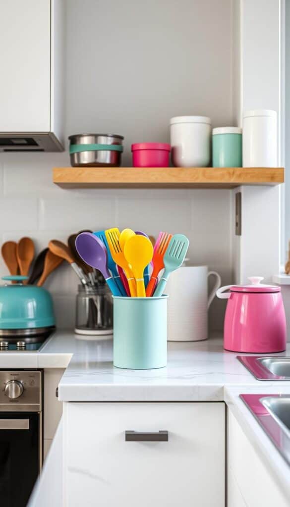 Kitchen countertop with colorful utensils, canisters, and small appliances showing a colorful kitchen idea with accessories