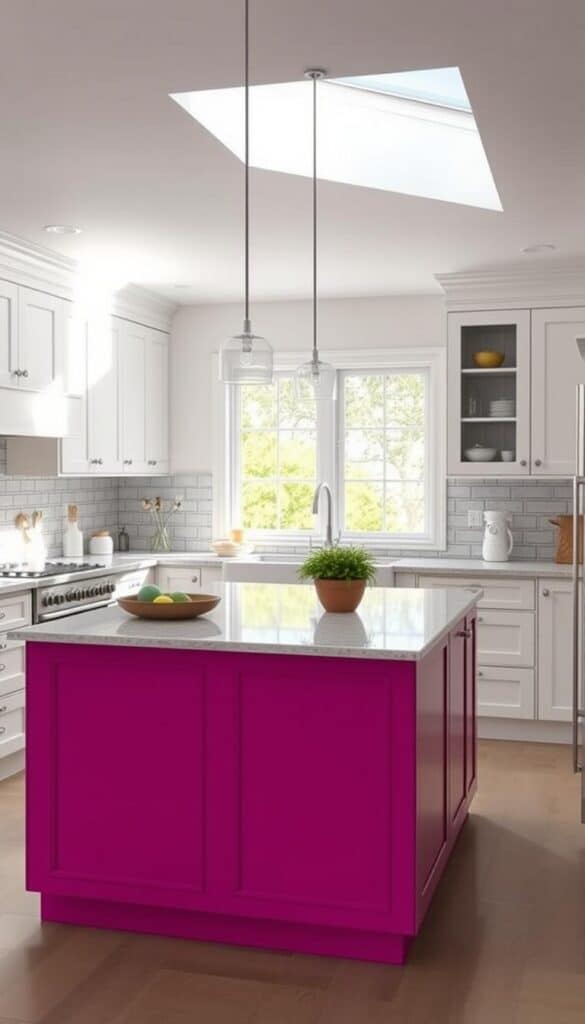 Kitchen with a bold colored island surrounded by neutral cabinets, creating a colorful focal point without overwhelming the space