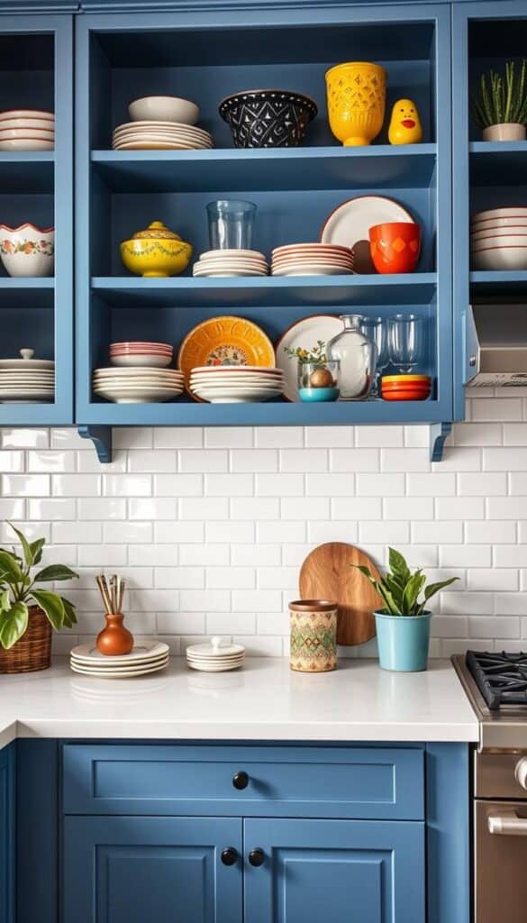 Kitchen with blue open shelves displaying colorful dishes and accessories, demonstrating a colorful kitchen idea