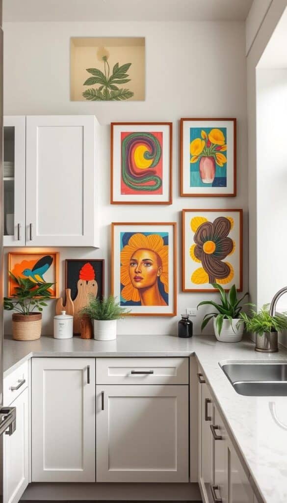 Kitchen with colorful framed artwork on walls showing a colorful kitchen idea with art