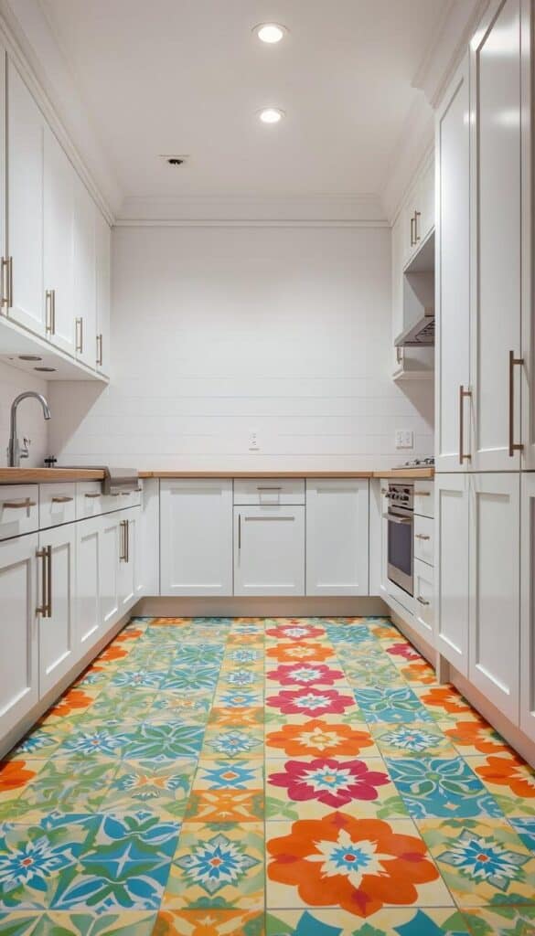 Kitchen with colorful patterned tile flooring and white cabinets showing a colorful kitchen idea with floors