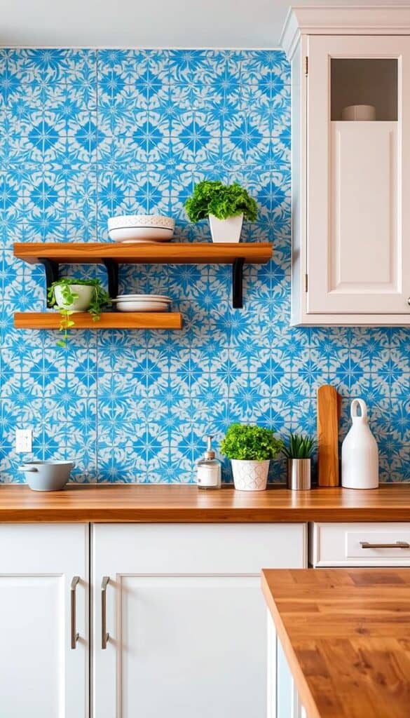 Kitchen with colorful tile backsplash in blue and white pattern, demonstrating a colorful kitchen idea