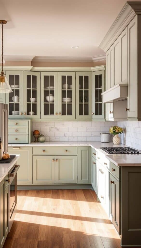 Kitchen with green lower cabinets and white upper cabinets showing a colorful kitchen idea with two-tone design
