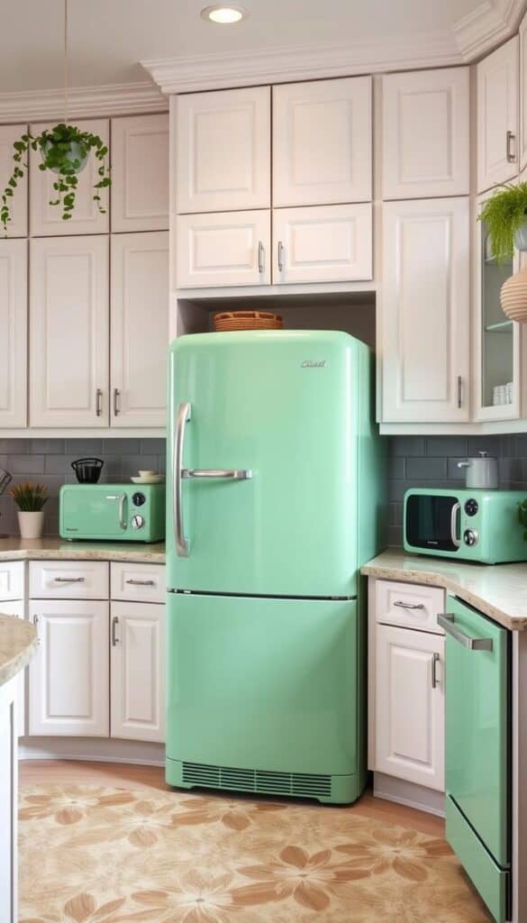 Kitchen with mint green retro refrigerator and matching appliances showing a colorful kitchen idea