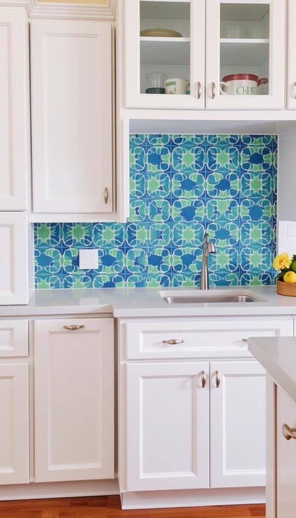 Kitchen with white cabinets and a colorful tile backsplash that adds personality without overwhelming the space