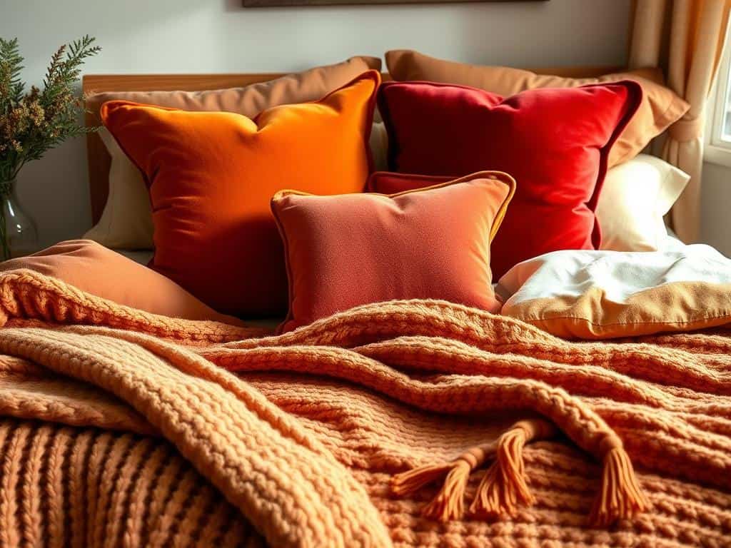Layered fall bedroom with textured bedding in warm autumn colors