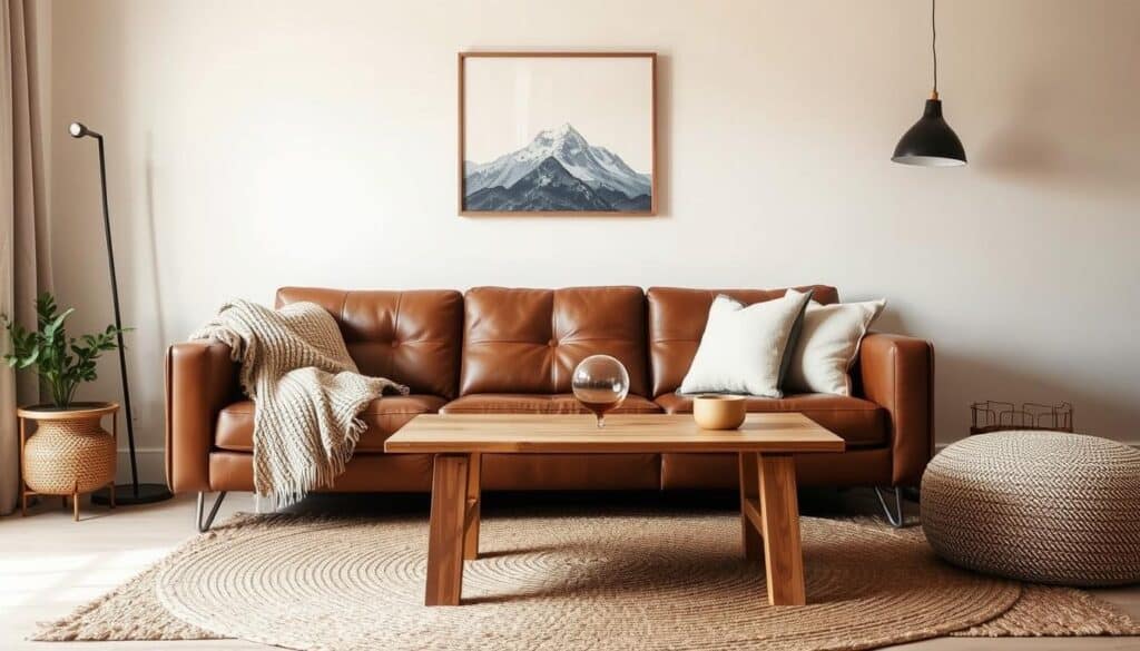 Minimal but textured living space with cozy cabin aesthetic featuring various natural materials