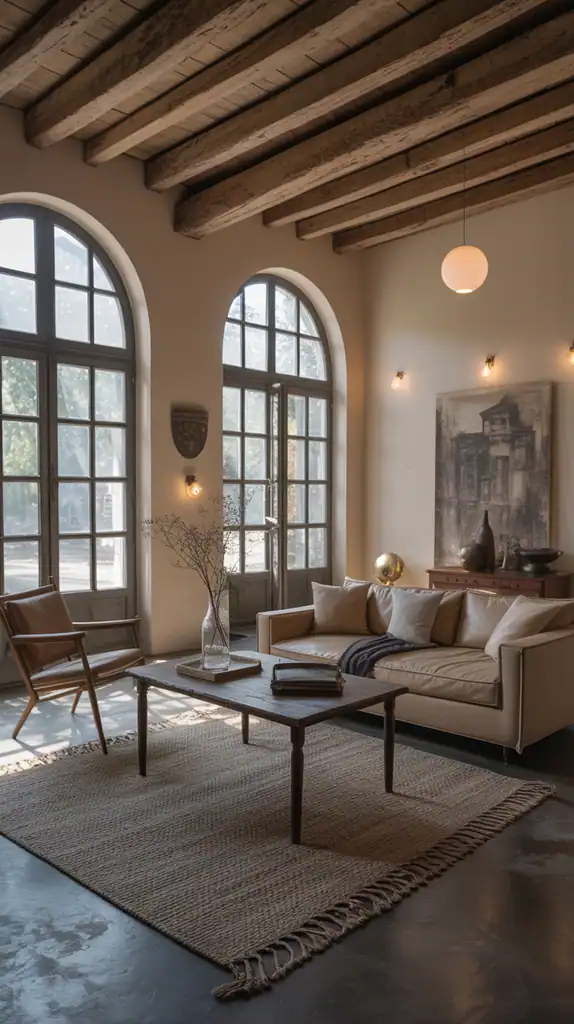Modern rustic living room featuring vintage furniture pieces mixed with contemporary elements Modern rustic living room featuring vintage furniture pieces mixed with contemporary elements