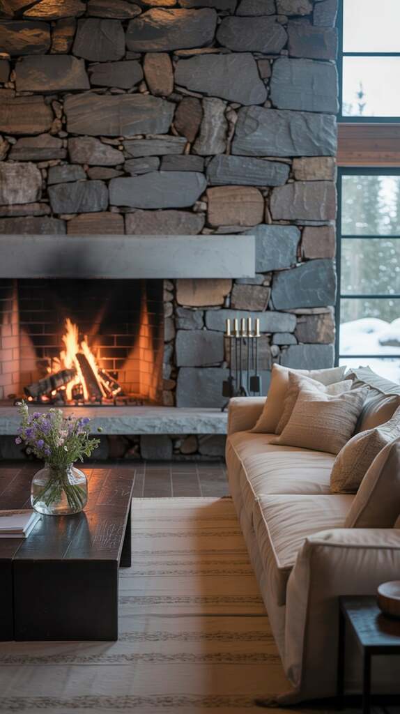 Modern rustic living room with a large stone fireplace as the focal point Modern rustic living room with a large stone fireplace as the focal point