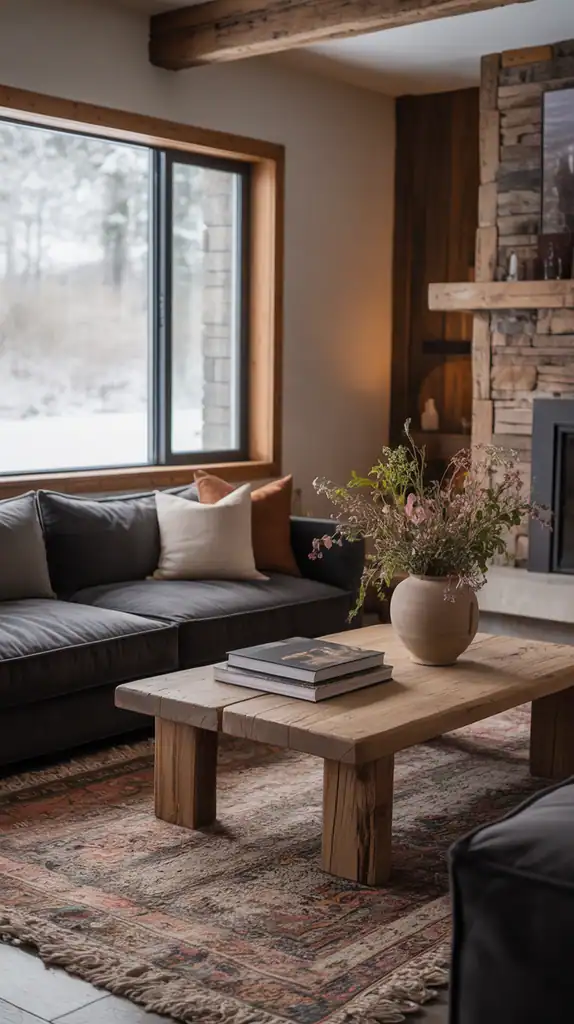 Modern rustic living room with deep, comfortable seating arranged for conversation Modern rustic living room with deep, comfortable seating arranged for conversation