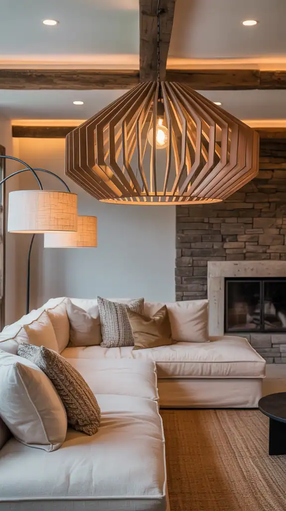 Modern rustic living room with dramatic pendant lighting and warm ambient lighting Modern rustic living room with dramatic pendant lighting and warm ambient lighting