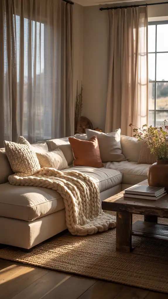 Modern rustic living room with layered textiles including wool throws, linen curtains and textured pillows Modern rustic living room with layered textiles including wool throws, linen curtains and textured pillows