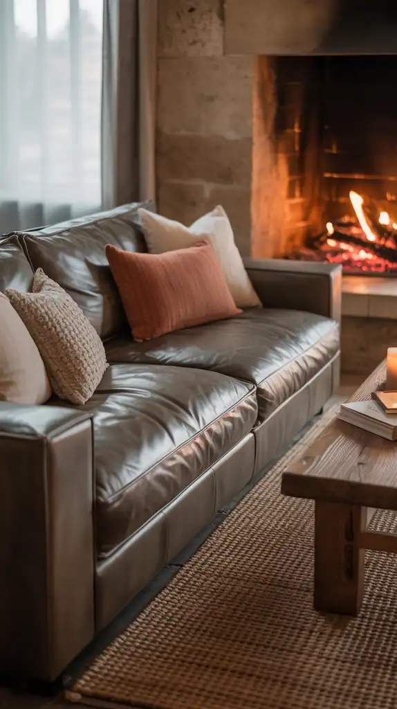 Modern rustic living room with multiple layered textures including wool, leather, and wood Modern rustic living room with multiple layered textures including wool, leather, and wood