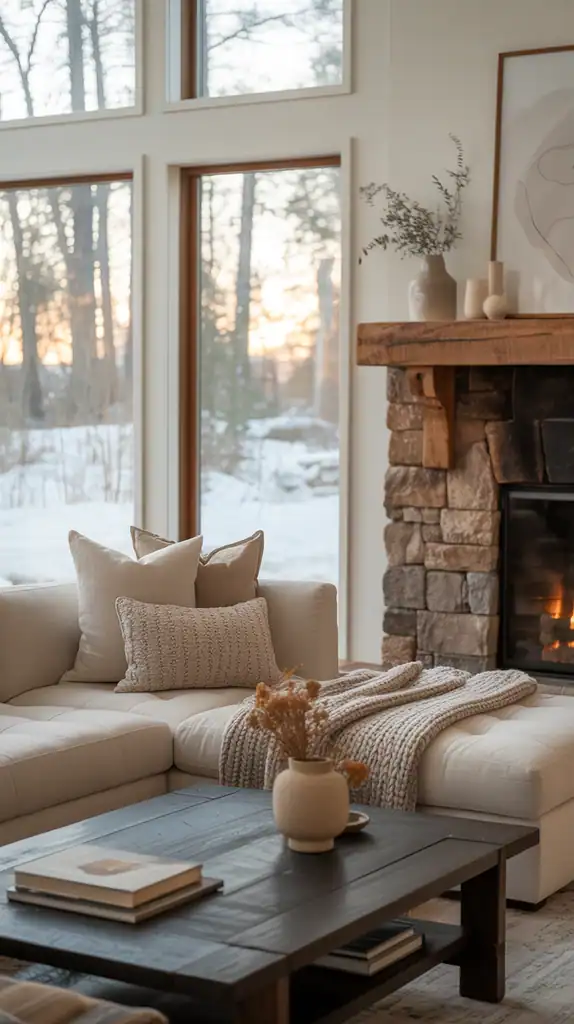 Modern rustic living room with neutral color palette of whites, beiges and natural textures Modern rustic living room with neutral color palette of whites, beiges and natural textures