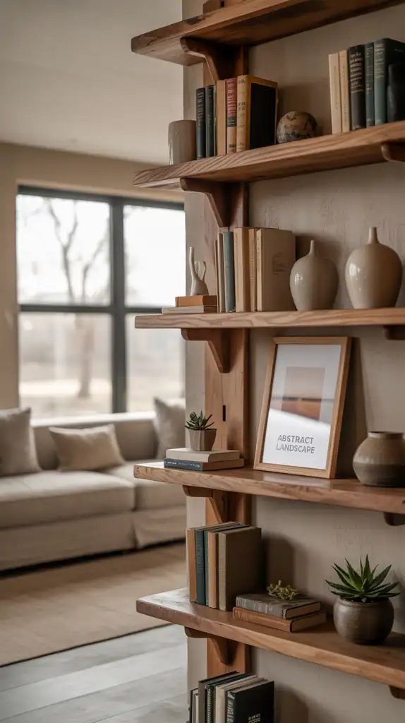 Modern rustic living room with wooden open shelving displaying curated objects and books Modern rustic living room with wooden open shelving displaying curated objects and books