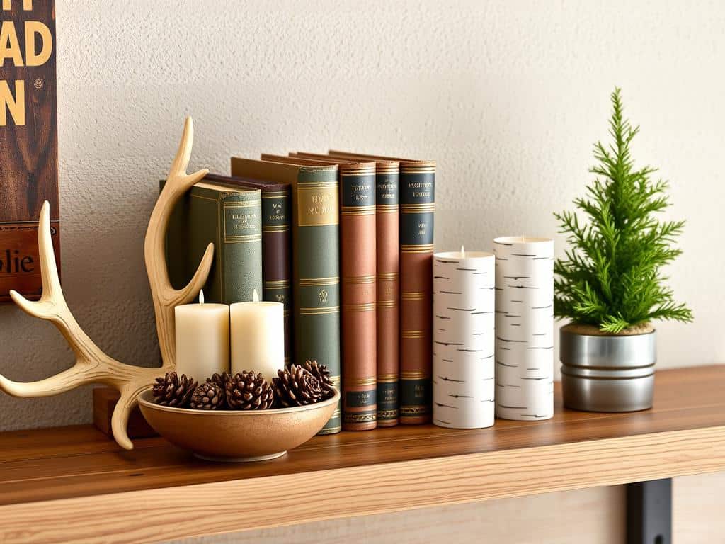 Natural decor elements including pinecones, faux antlers and birch accents creating cozy cabin aesthetic