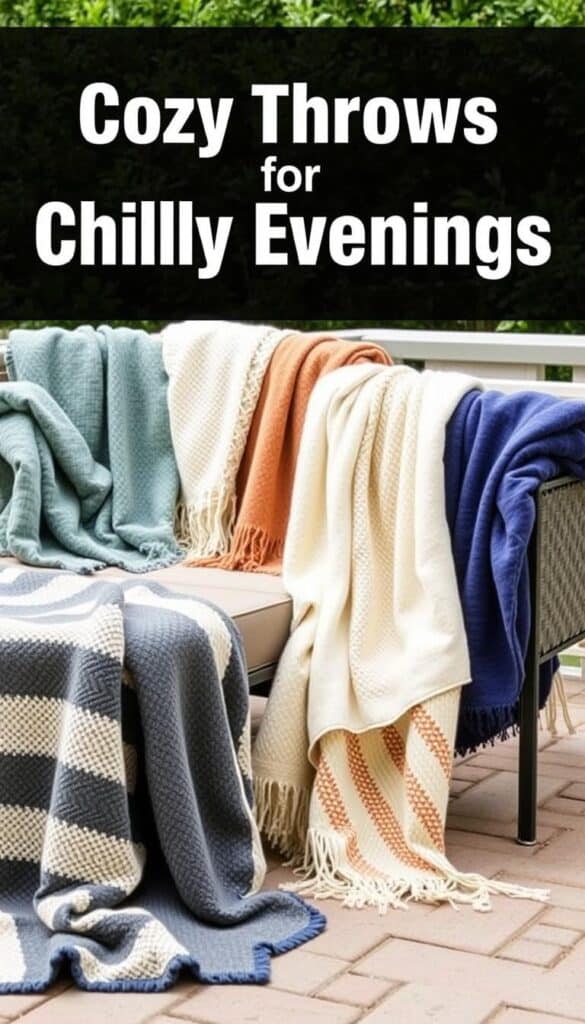 Outdoor-friendly throw blankets draped over patio furniture ready for evening use Outdoor-friendly throw blankets draped over patio furniture ready for evening use
