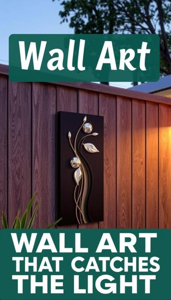 Outdoor-rated wall art with reflective elements catching evening light on a patio Outdoor-rated wall art with reflective elements catching evening light on a patio
