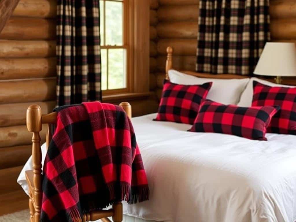 Plaid and flannel accents in a bedroom with cozy cabin aesthetic